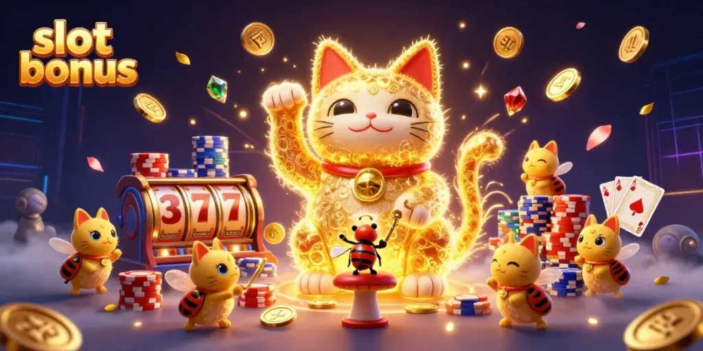 A dynamic scene showcasing the slot bonus with a giant lucky cat formed by golden fireflies amidst 3D slot elements.
