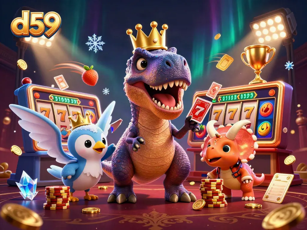 d59 engages players with a fun 3D casino scene featuring a T-Rex shuffling cards and a triceratops stacking chips.