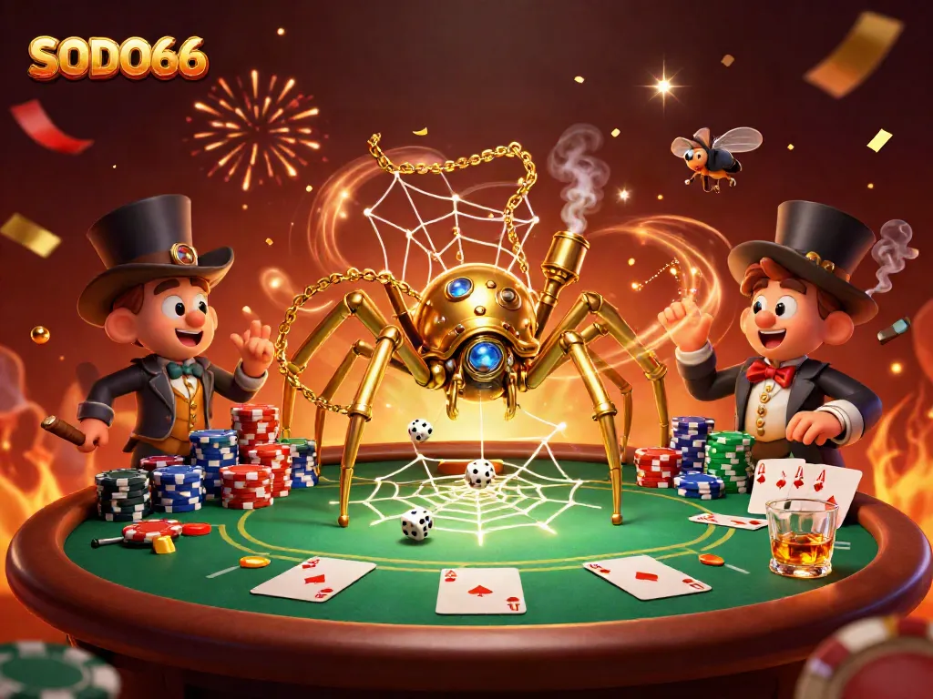 SODO66 showcases a dynamic illustration of a golden spider in a casino setting, capturing dice and poker chips.