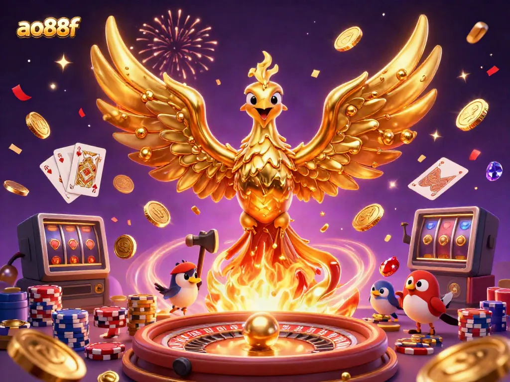Engage with the dynamic casino scene at ao88f featuring a molten golden phoenix, poker chips, and celebratory confetti.