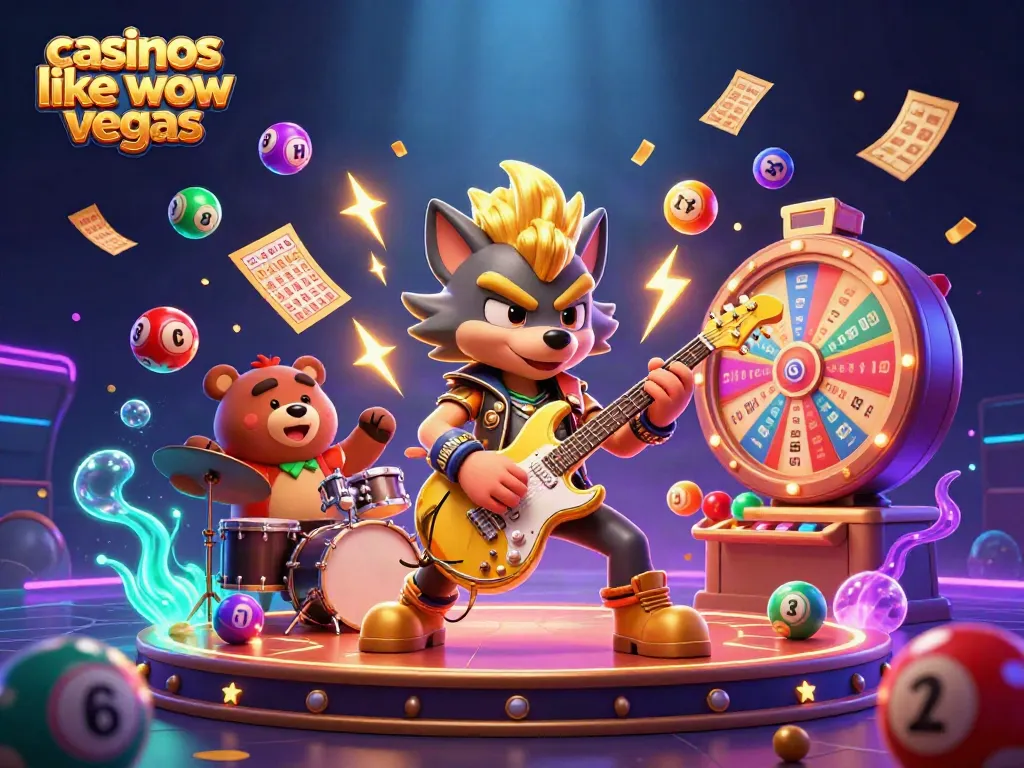 Experience fun with casinos like WOW Vegas in a vibrant casino scene featuring lively characters and action.