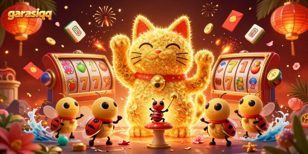 Experience thrilling wins with garasiqq as colorful slot visuals captivate players in a vibrant casino scene.