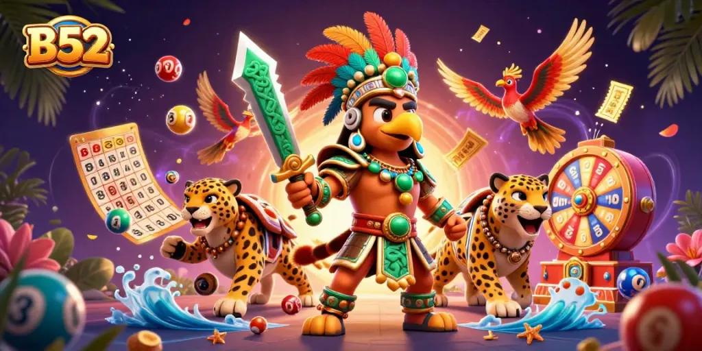 Experience the B52 gambling excitement with Aztec warriors amidst vibrant lottery elements