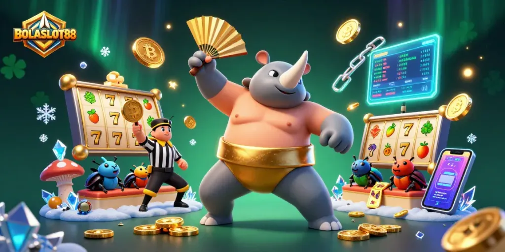 BOLASLOT88 players experience thrilling wins with a vibrant slot championship featuring crypto coins and beetle characters.