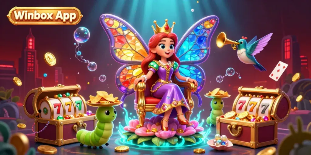 Engage with the vibrant Winbox App through a magical casino-themed illustration featuring a butterfly queen and treasure.