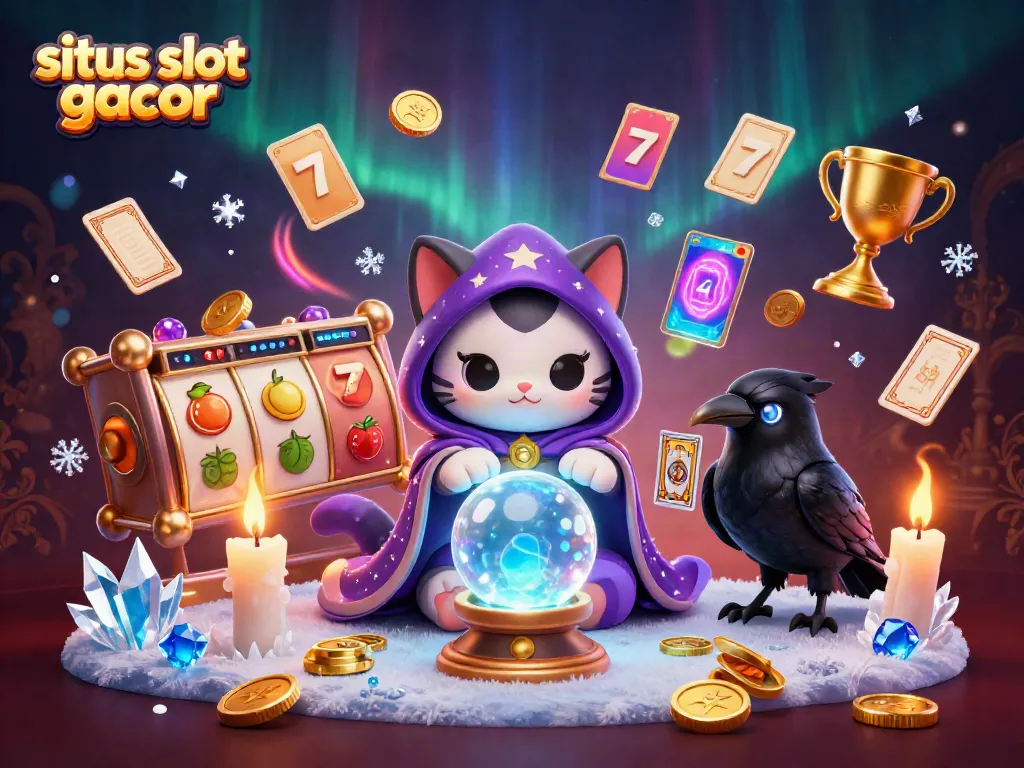 Experience 'situs slot gacor' magic with a mystical cat, raven, and colorful slot symbols!