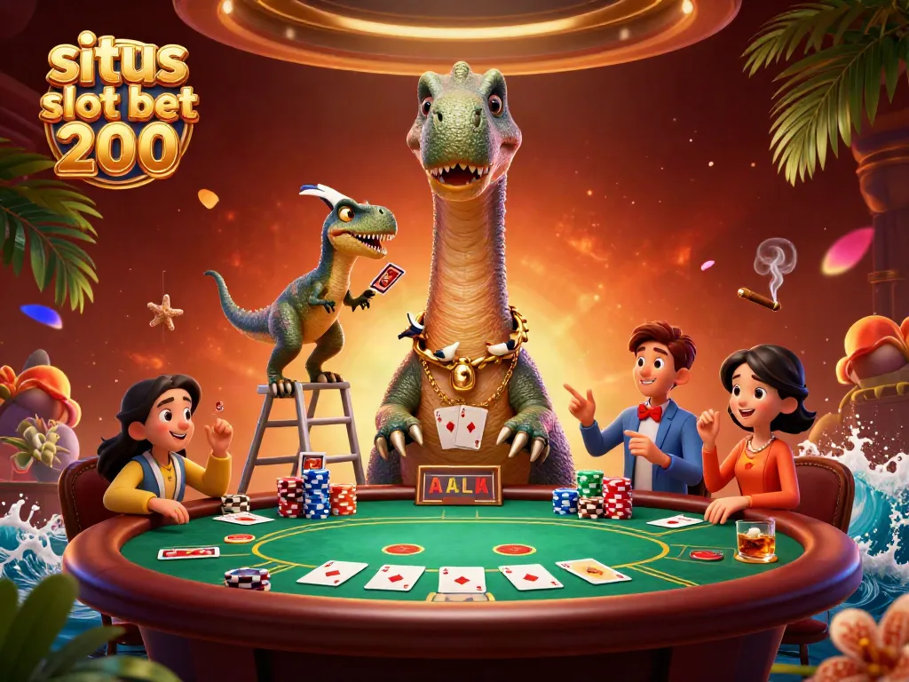 Experience thrilling gameplay with situs slot bet 200 as a cartoon brontosaurus peers down at a vibrant poker scene.