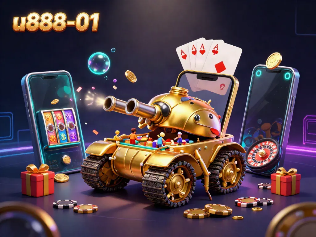Bet on fun with u888-01's vibrant 3D casino scene showcasing a golden beetle tank.