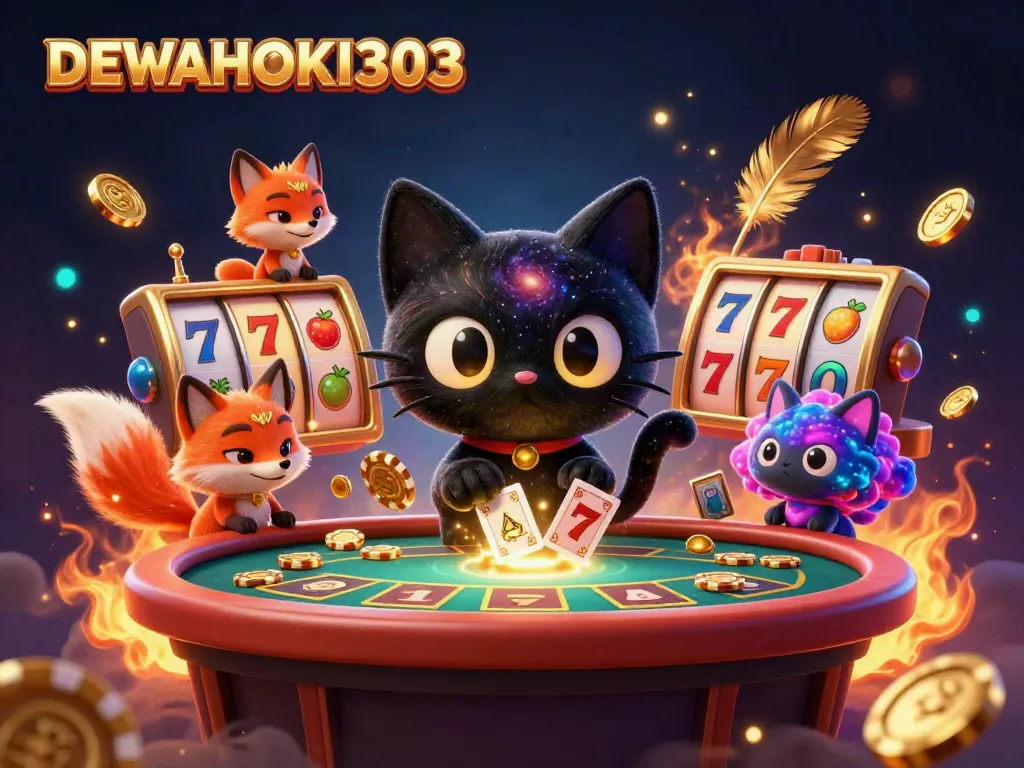 DEWAHOKI303 menghadirkan kucing black hole dan rubah nebulosa dalam kasino slot yang menarik dengan chip emas.
