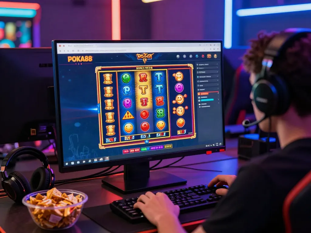 Exciting scene of a user interacting with the POKA88 link login for online slot games.