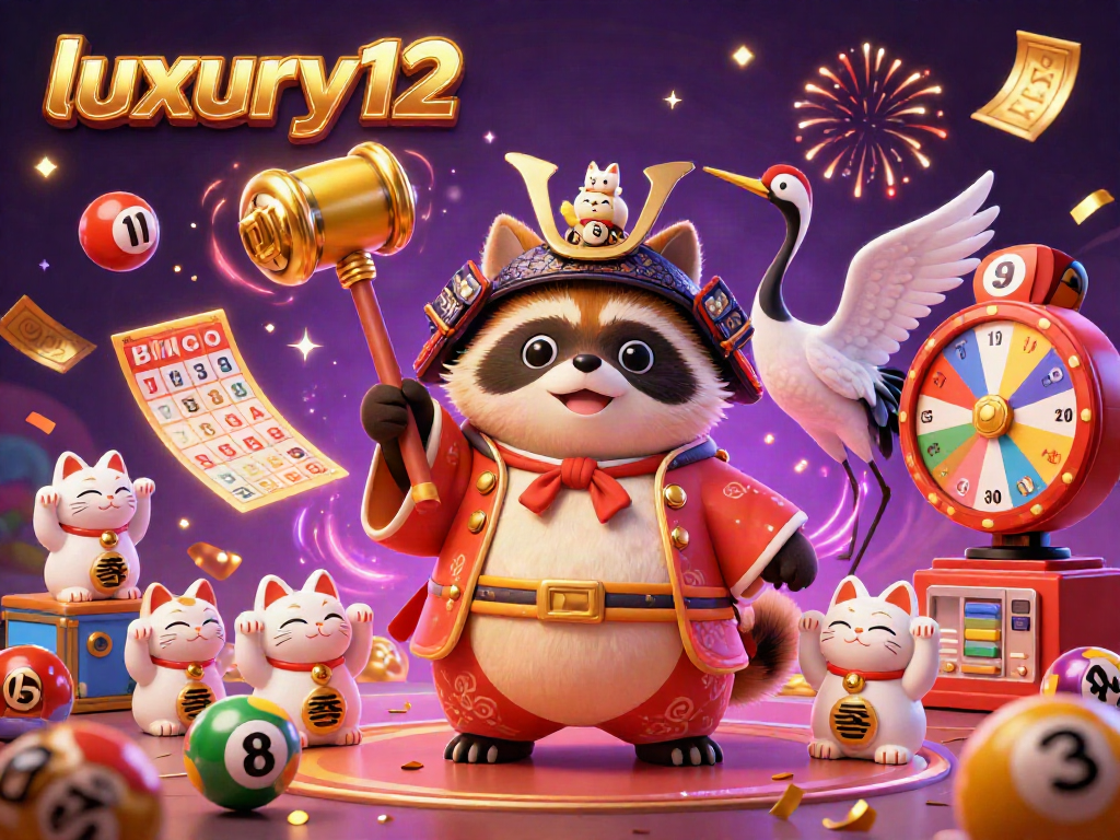 Engage with luxury12 in a dynamic 3D digital illustration featuring cheerful tanuki and fortune cats amidst vibrant lottery elements.