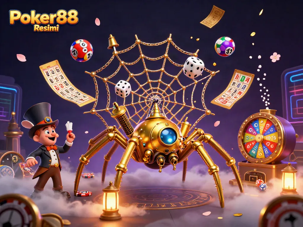 Experience thrilling gameplay at Poker88 Resmi, illustrated with dynamic lottery and poker elements.