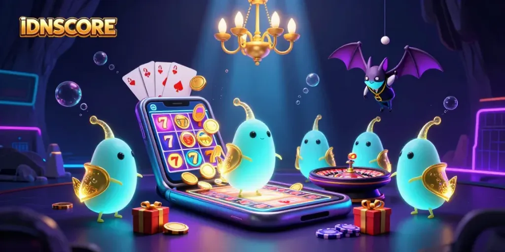 IDNSCORE shines with glowing animations of a colorful slot game bursting with excitement.