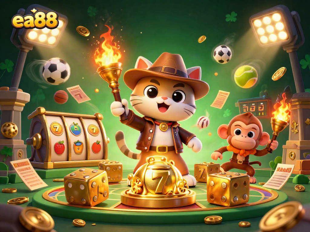 ea88 reveals a 3D explorer cat uncovering a golden casino artifact amid vibrant slot reels.