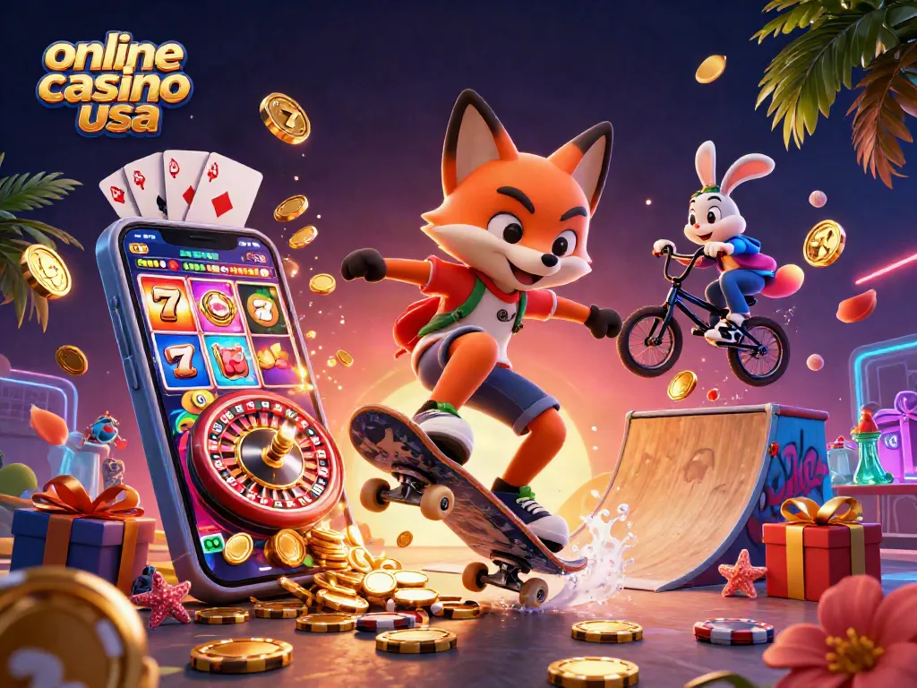 Experience online casino usa with a vibrant, action-packed 3D scene of a skateboarder fox and BMX rabbit amidst casino excitement.