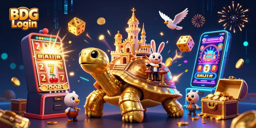 Experience thrilling BDG Login action in a vibrant 3D casino adventure with golden tortoises and jackpot excitement.