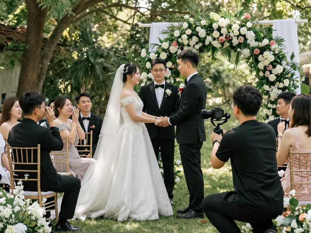 Videografi pernikahan di https://bktenthouse.com/category/video/ dengan momen indah pasangan mengucapkan janji dalam suasana yang romantis dan dikelilingi bunga.