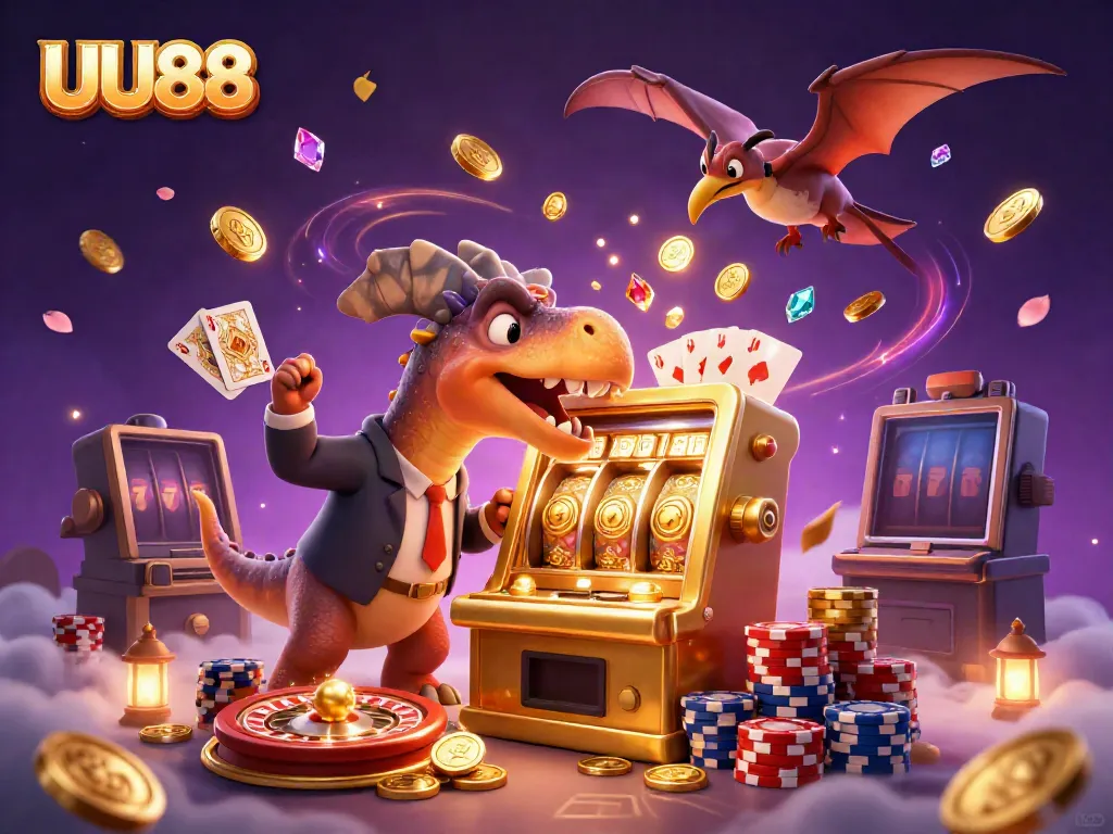 Experience UU88's thrilling slots with dynamic, 3D cartoon characters in an exciting casino scene.