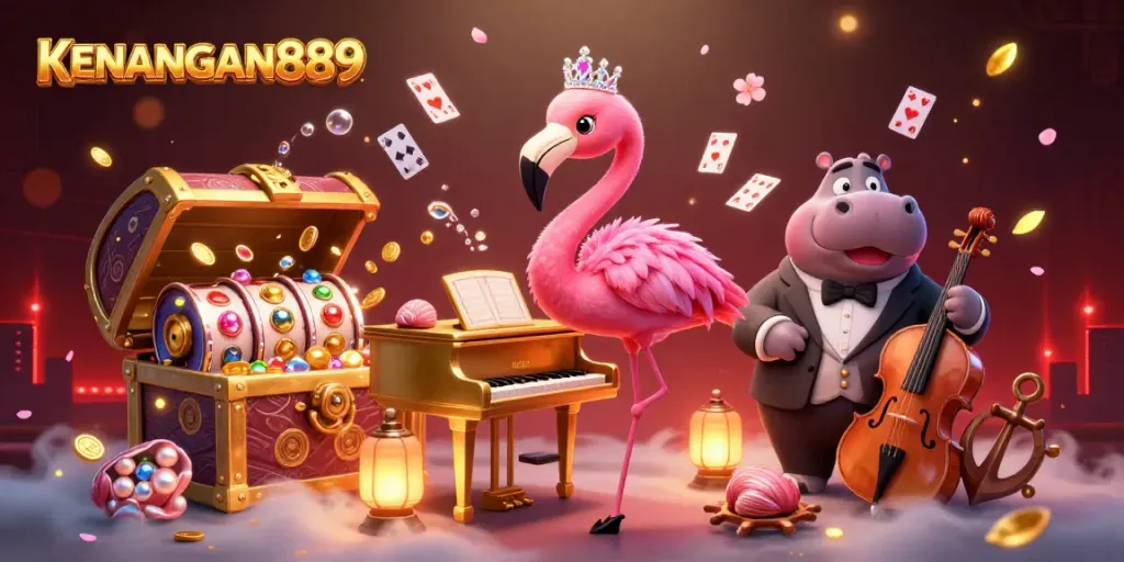 Experience the thrill of KENANGAN889 with a vibrant casino scene featuring slot reels and lively animated characters.