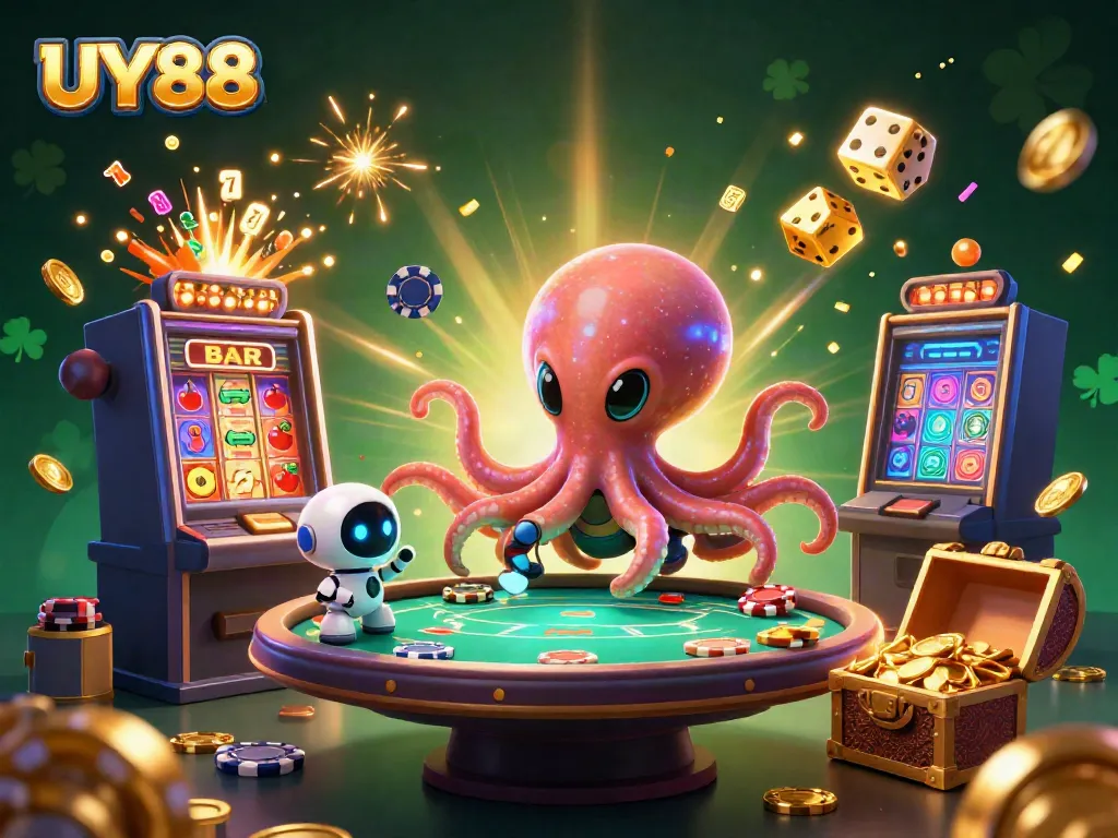 Engage with UY88 in an exciting 3D alien-themed casino scene featuring poker and jackpots.