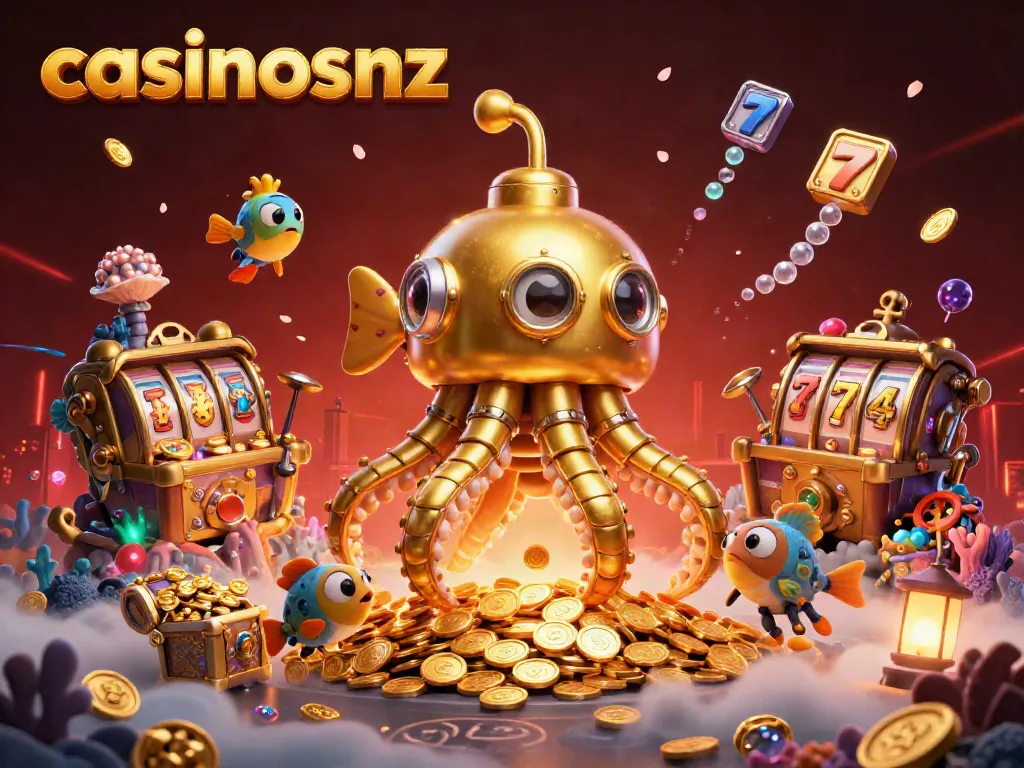 Experience excitement at casinosnz with this vibrant 3D illustration of a golden kraken submarine amidst gaming symbols.