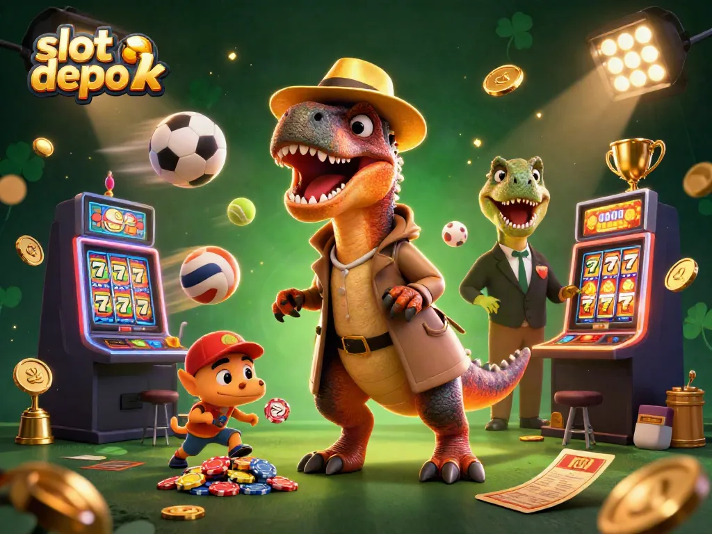 Experience thrilling gameplay at slot depo 2k with a lively 3D casino scene featuring a velociraptor and stegosaurus.