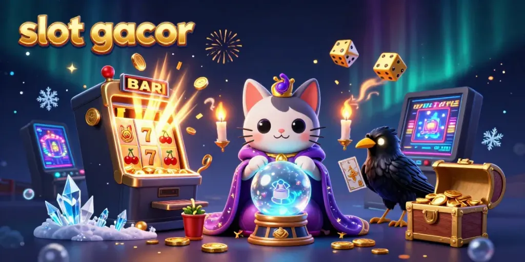 Menjajal slot gacor dengan karakter kucing peramal dan burung gagak, dikelilingi dengan simbol jackpot dan efek kembang api.