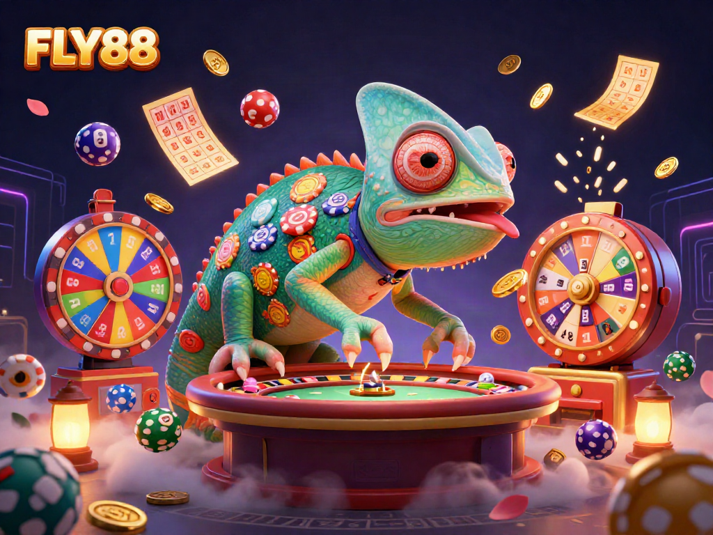 Experience excitement at FLY88 with a vibrant casino scene featuring colorful lottery balls and enchanting game elements.