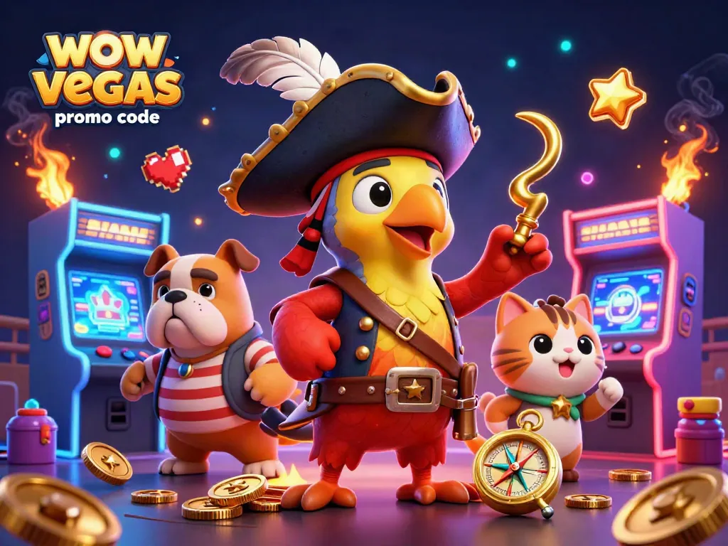 Win big with the wow vegas promo code while exploring vibrant arcade machines in an action-packed scene.