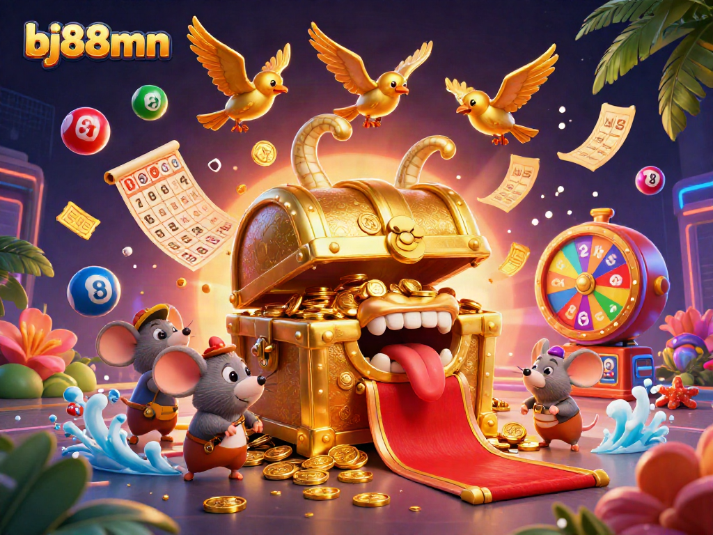 Experience the excitement of gambling with bj88mn's vibrant 3D treasure scene featuring dynamic lottery elements.