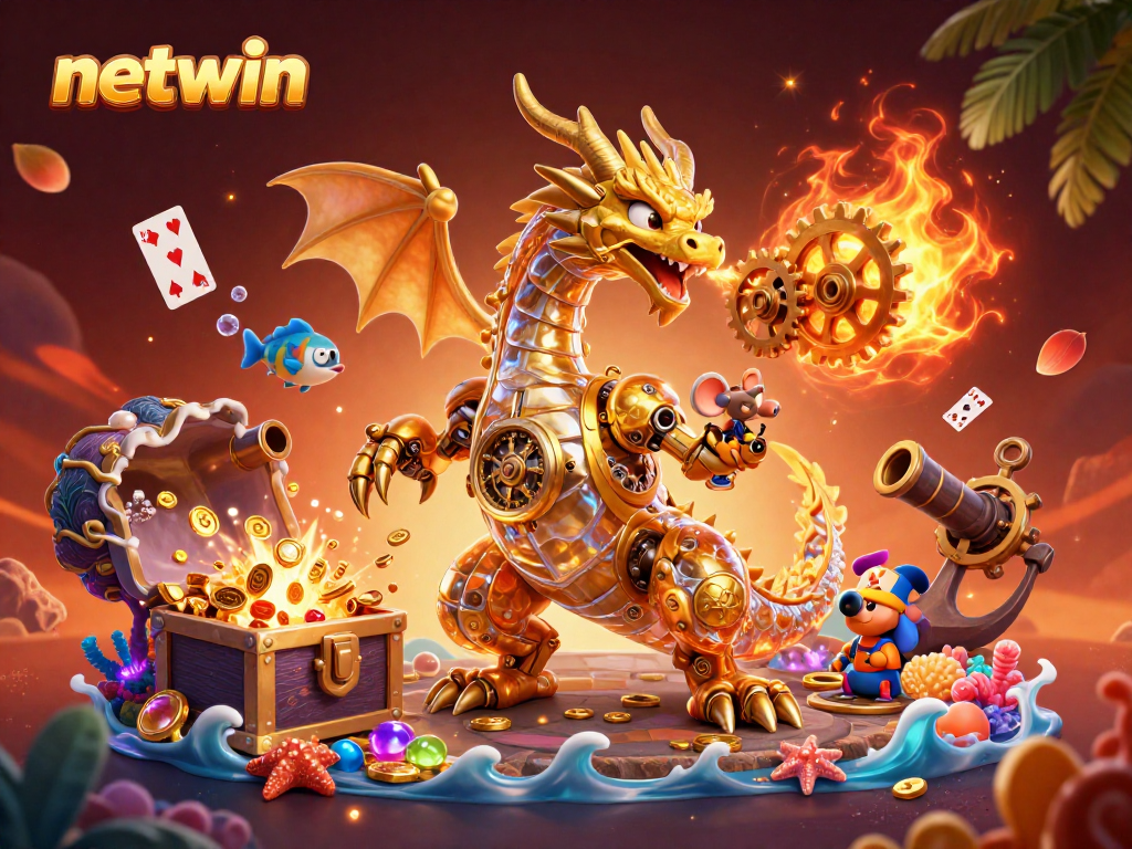 Engage with netwin's thrilling gaming experience featuring a dragon and treasure.