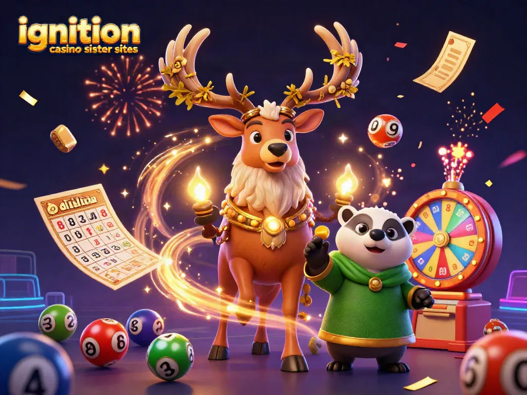 Discover ignition casino sister sites with vibrant characters, games, and lottery elements in a magical scene