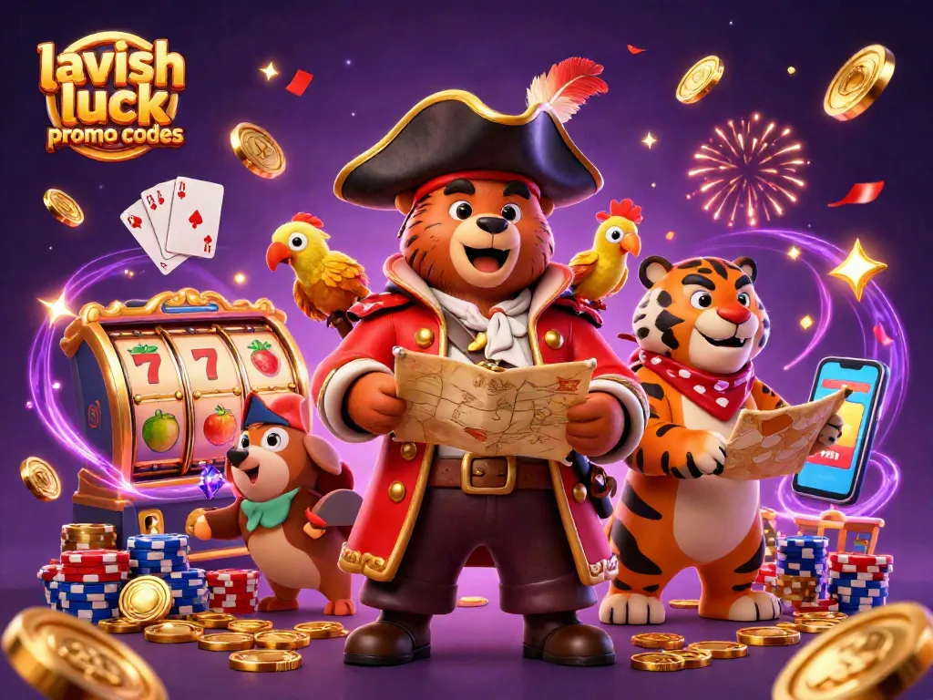 Win big with lavish luck promo codes showcasing a pirate bear captain and dazzling casino elements.