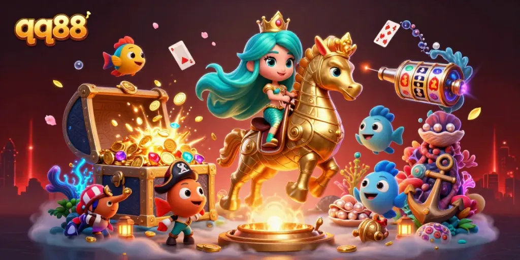 Engage with the thrilling world of qq88 as a charming mermaid rides a seahorse in colorful casino art.