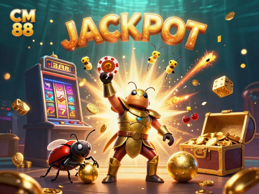 Experience thrilling victories with CM 88, featuring a triumphant beetle and vibrant casino elements.