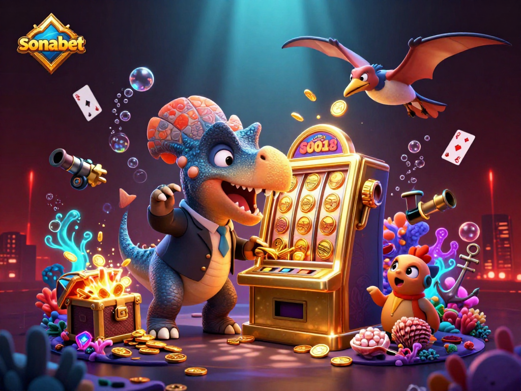 sonabet casino illustration with playful dinosaurs and a golden slot machine payout.