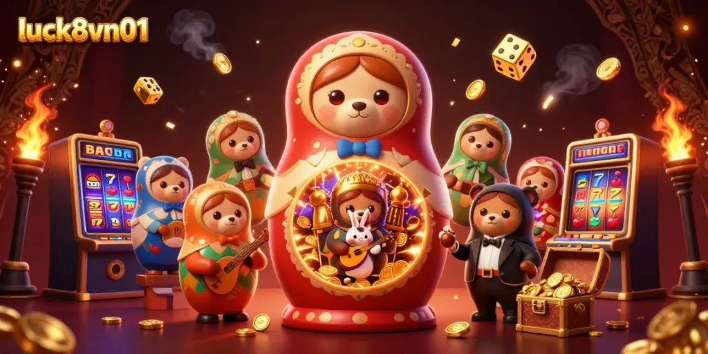 Play slots dynamically with luck8vn01's lively illustration featuring bears and casino elements.