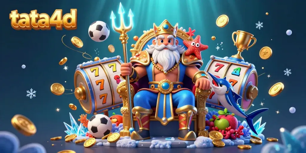 TATA4D showcases thrilling online gaming with vibrant slot reels and king Neptune in a rich 3D casino setting.