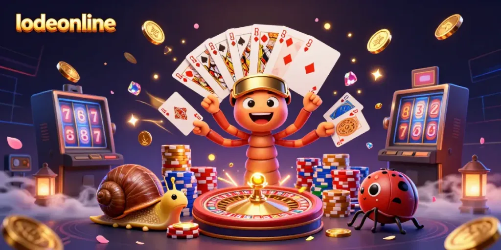 Immerse in lodeonline with a vibrant 3D casino scene featuring a millipede dealer, snail high-roller, and pill bug.