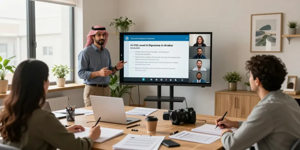 Engaging virtual training for NVQ Level 6 in Saudi Arabia with diverse participants and professional instructor.