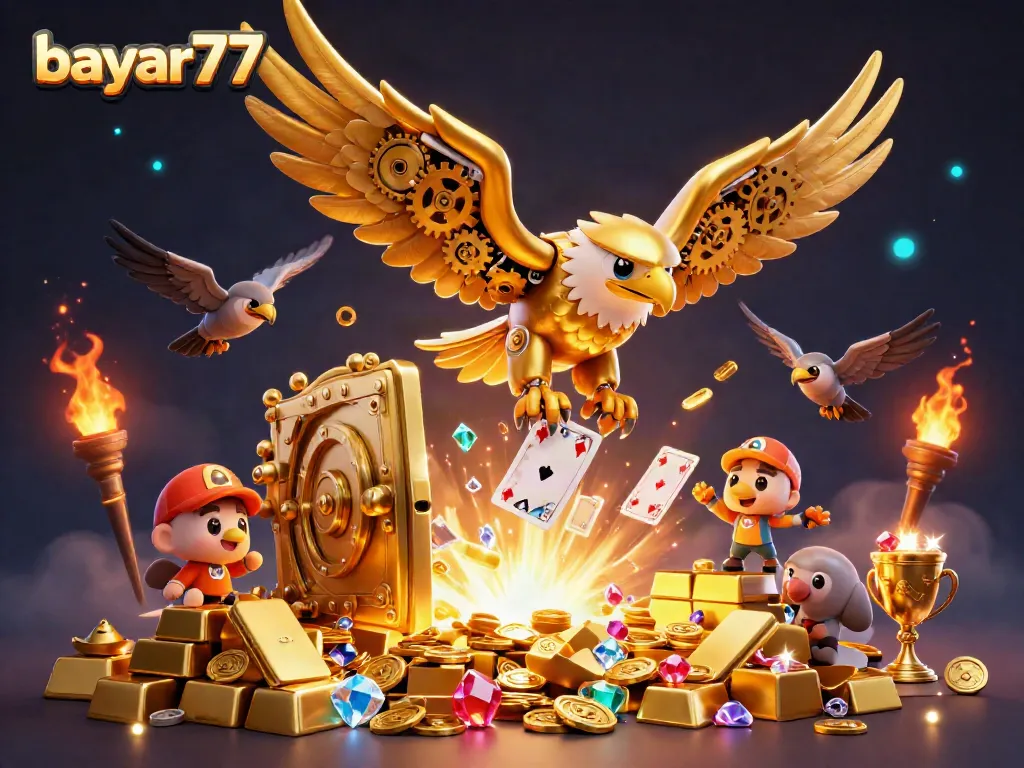 Experience thrilling gameplay with bayar77, featuring a cybernetic eagle amidst a treasure-filled scene.