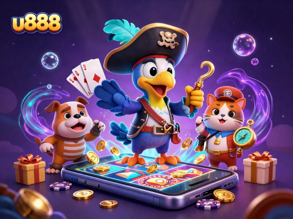 Engage in thrilling gaming action with u888's vibrant cartoon scene featuring pirates, games, and bonuses.
