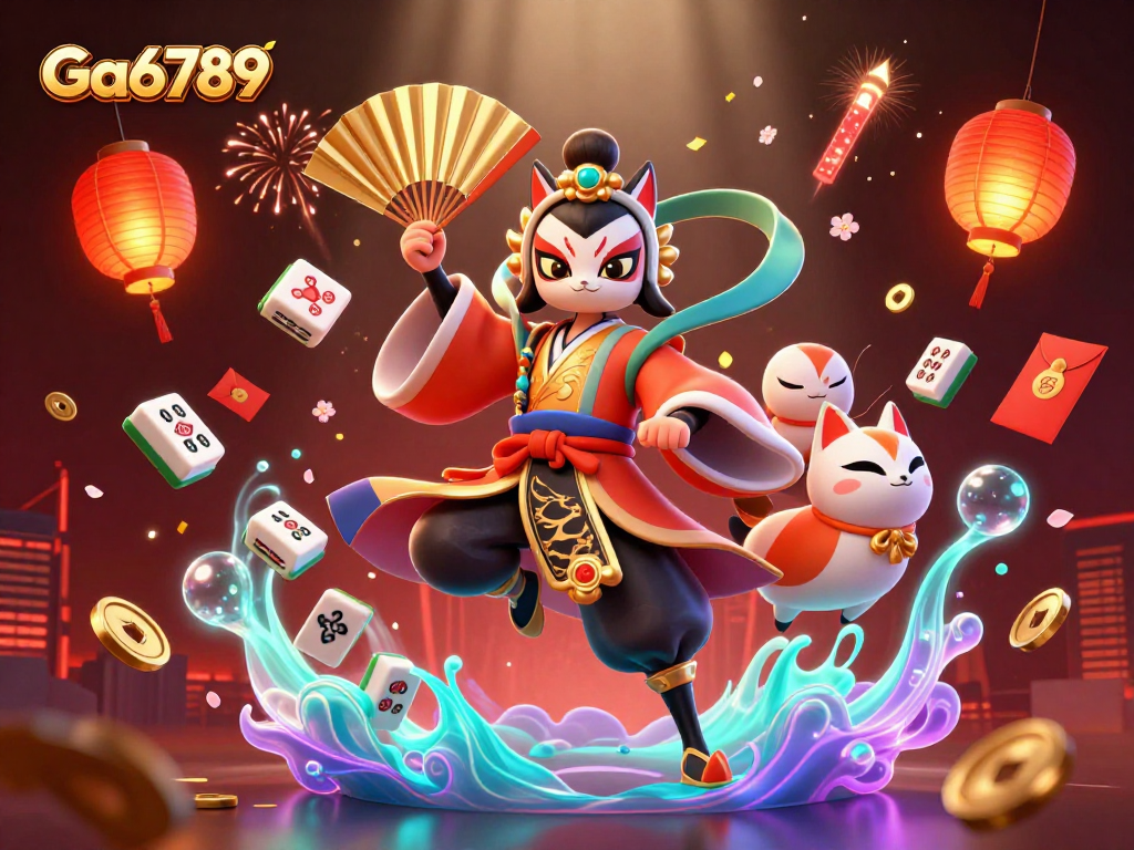 Experience Ga6789 excitement with a kabuki warrior amidst festive casino elements and vibrant gaming icons.