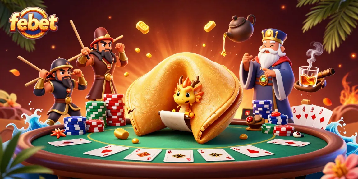 Win big at febet with a vibrant, dynamic scene featuring a golden fortune cookie and poker game elements.