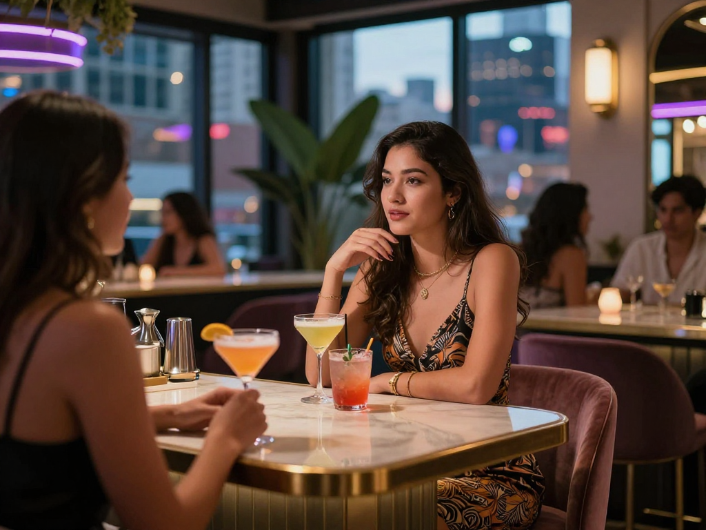 Gái gọi tận hưởng buổi tối tại quán bar sang trọng với ánh đèn ấm áp.