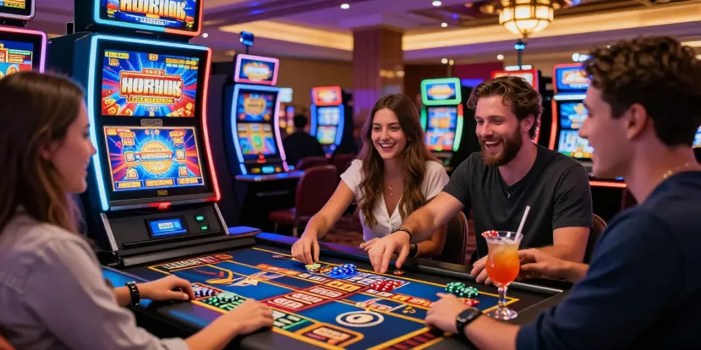 Spieler erleben aufregende Momente im Hotslots Casino mit bunten Spielautomaten und fröhlicher Atmosphäre.