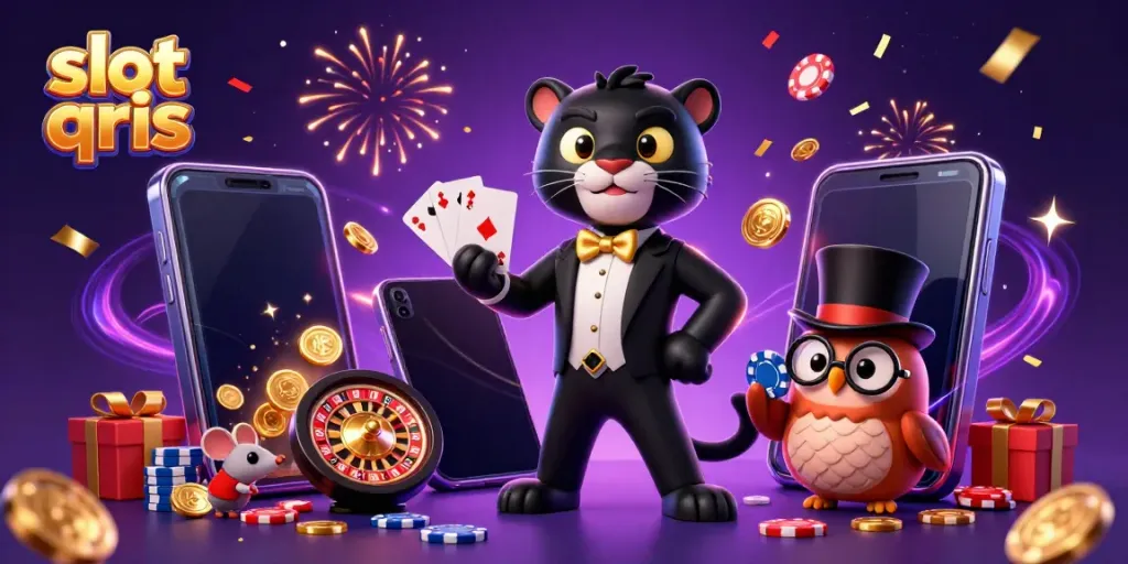 Experience thrilling slot qris gameplay with a vibrant 3D scene featuring engaging characters and rich casino elements.