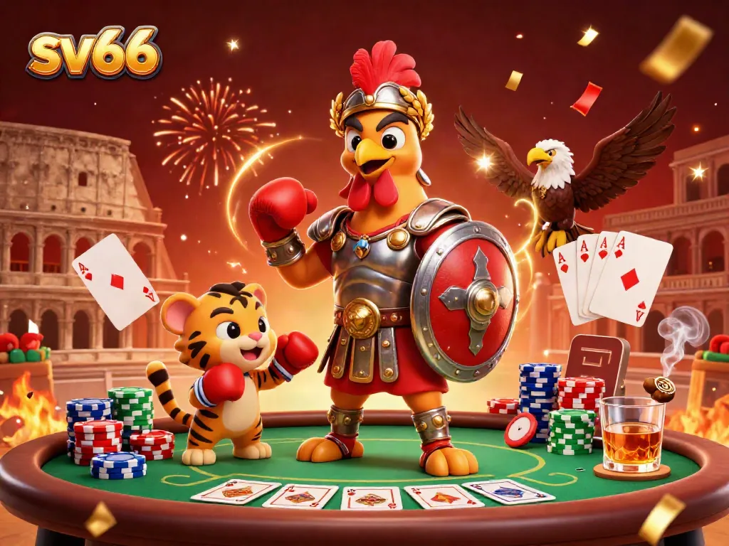 Experience thrilling poker action with sv66 at a vibrant casino arena featuring a gladiator rooster.