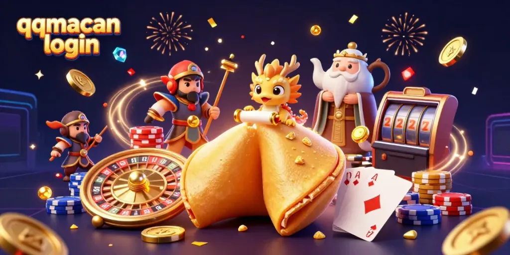 Experience the thrill of qqmacan login with a dynamic 3D casino scene filled with fortune cookies, dragons, and gold!