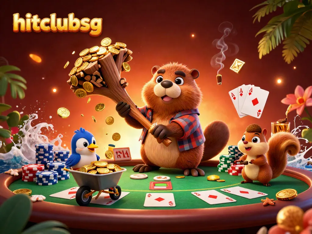 Hitclubsg gaming scene with animated characters collecting gold coins and playing poker.
